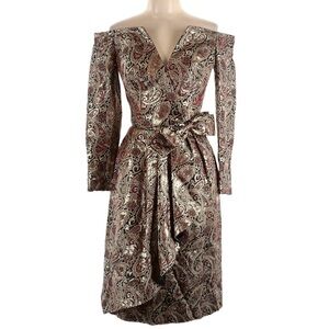 Vtg Victor Costa Saks Fifth Avenue Metallic Off-Shoulder Dress Gold Lame Size 10
